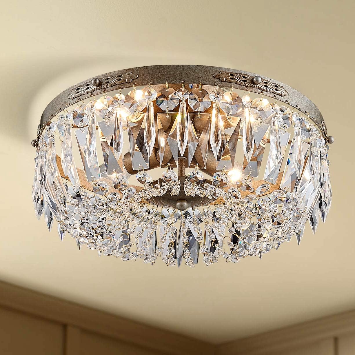 Modern Clear Crystal Raindrop Round Chandelier Flush Mount LED Ceiling Light Fixture Lighting Lamp for Dining Room Bathroom Bedroom Livingroom 4 E12 Bulbs Required H10 in X D14in