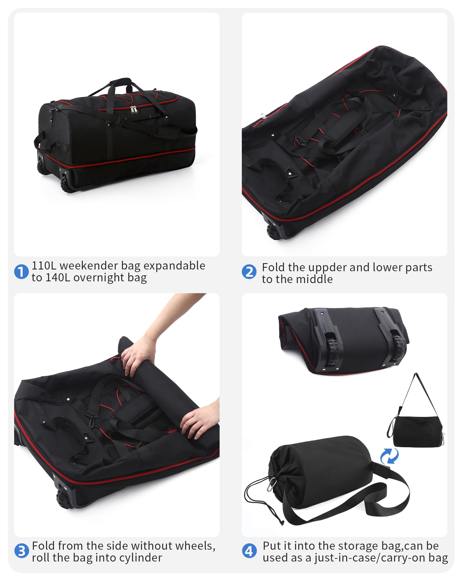 CONTAIL 32” Soft-side 110L Expandable 140L Rolling Duffle Bag with 2 Inline Wheels,Convertible Weekend Travel Bag with Bungee-Cord System,Black-red