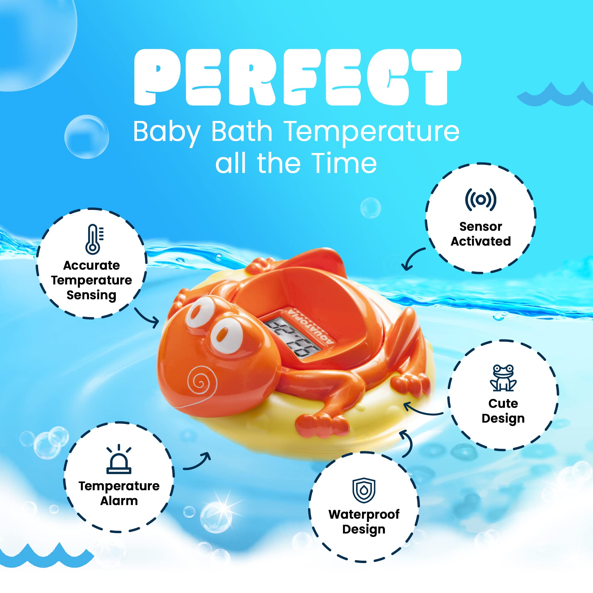 Aquatopia Baby Bath Thermometer Floating Toy with Digital Audible Alarm, Baby Water Thermometer for Bath Temp, Cute Baby Bath Essentials, Beeps When Too Hot or Too Cold, Fergus Frog, Orange