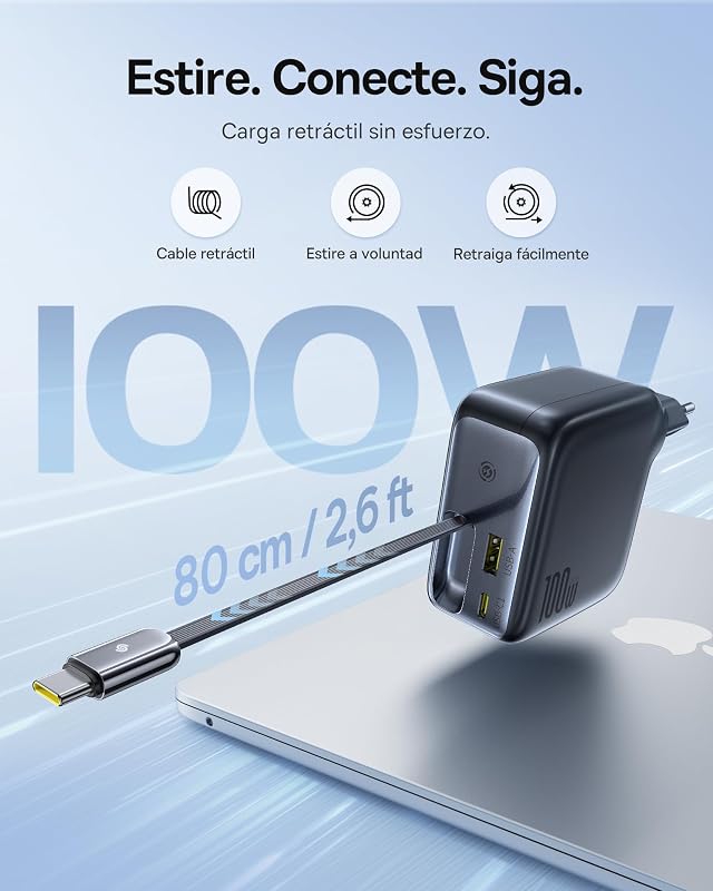 Enercore - Carregador USB C (100 W, cabo extensível, 3 portas GaN, carregador rápido PD compatível com MacBook Pro Air, Dell, HP, iPad, iPhone 17/16/15/14/13Pro Max Galaxy S25/24Ultra