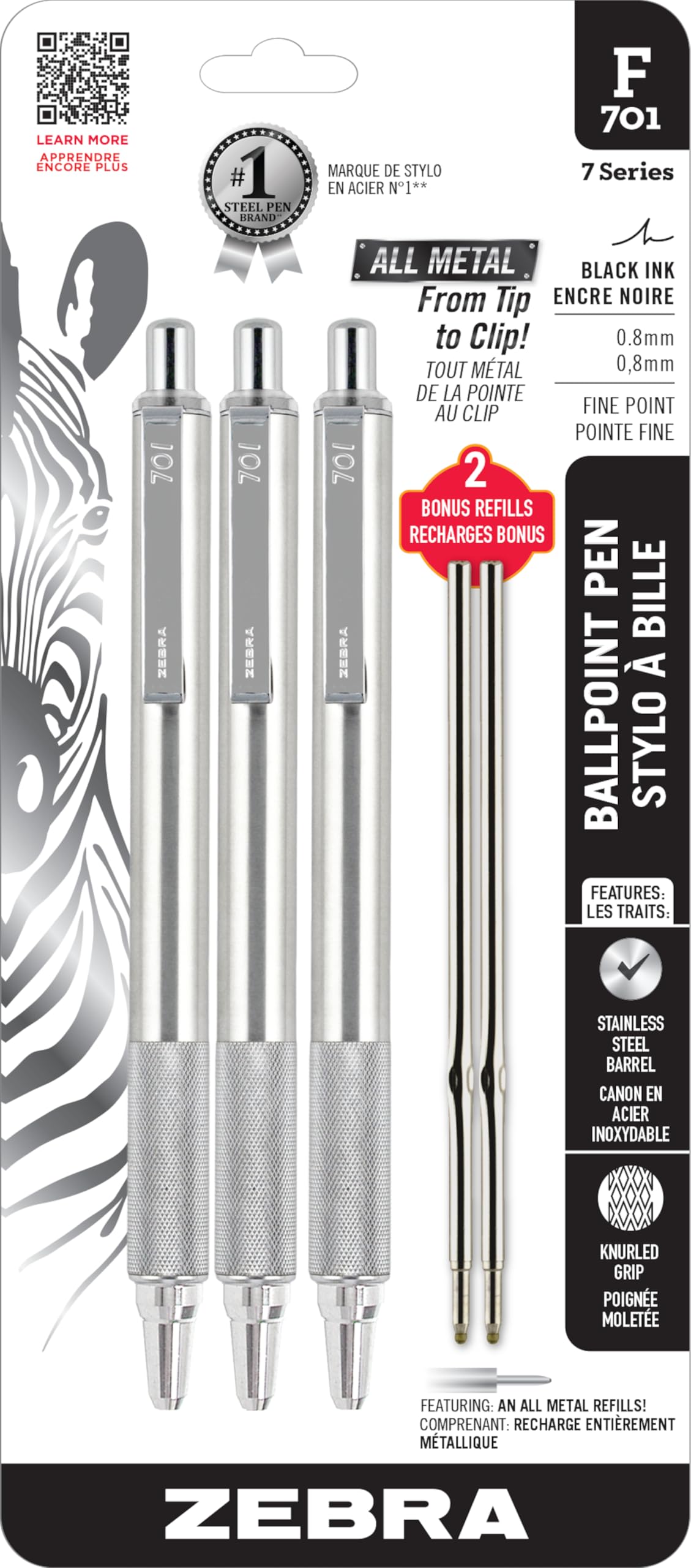 Photo 1 of Zebra Pen F-701 Retractable Ballpoint Pen, 0.8mm Fine Point, Stainless Steel Barrel, Ideal for Office Supplies, School Supplies & Teacher Supplies, Black Ink, 3-Pack Plus 2 Refills (29412)