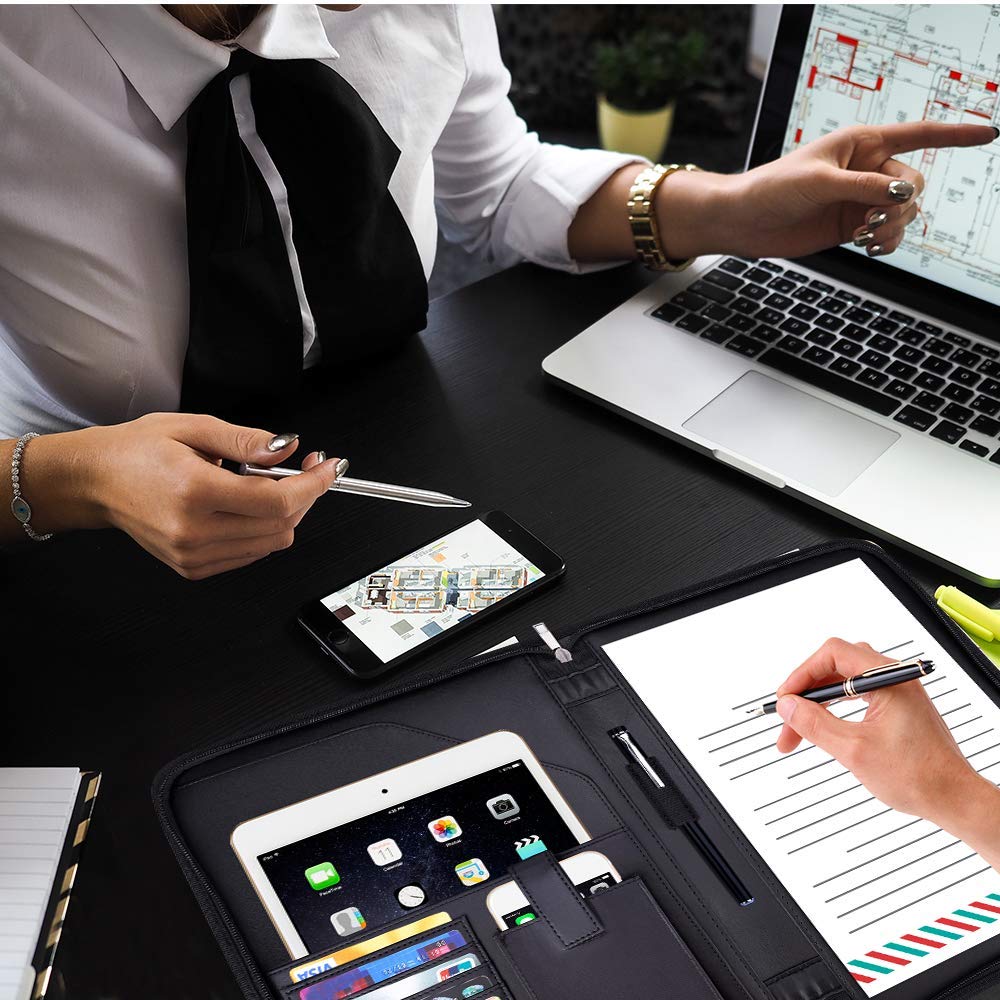 Fireproof Padfolio Portfolio Business File Folder with Zippered Pockets Fire and Water Resistant Executive Writing Pad,Personal Document Organizer Folder,Planners, Briefcase for Travel