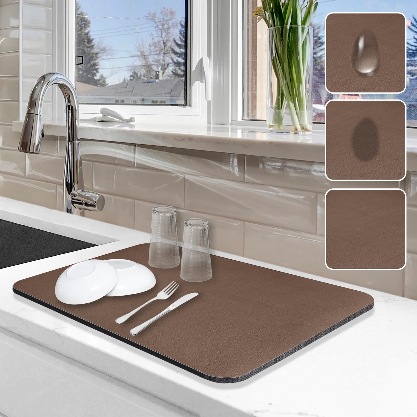 Photo 1 of Dish Drying Mat for Kitchen Counter, 12"x19" Dish Drying Pad with Non-slip Rubber Backed, Hide Stain Anti Absorbent for Kitchen Counter, Drying Mat for Coffee Machine Dish Rack (Brown)