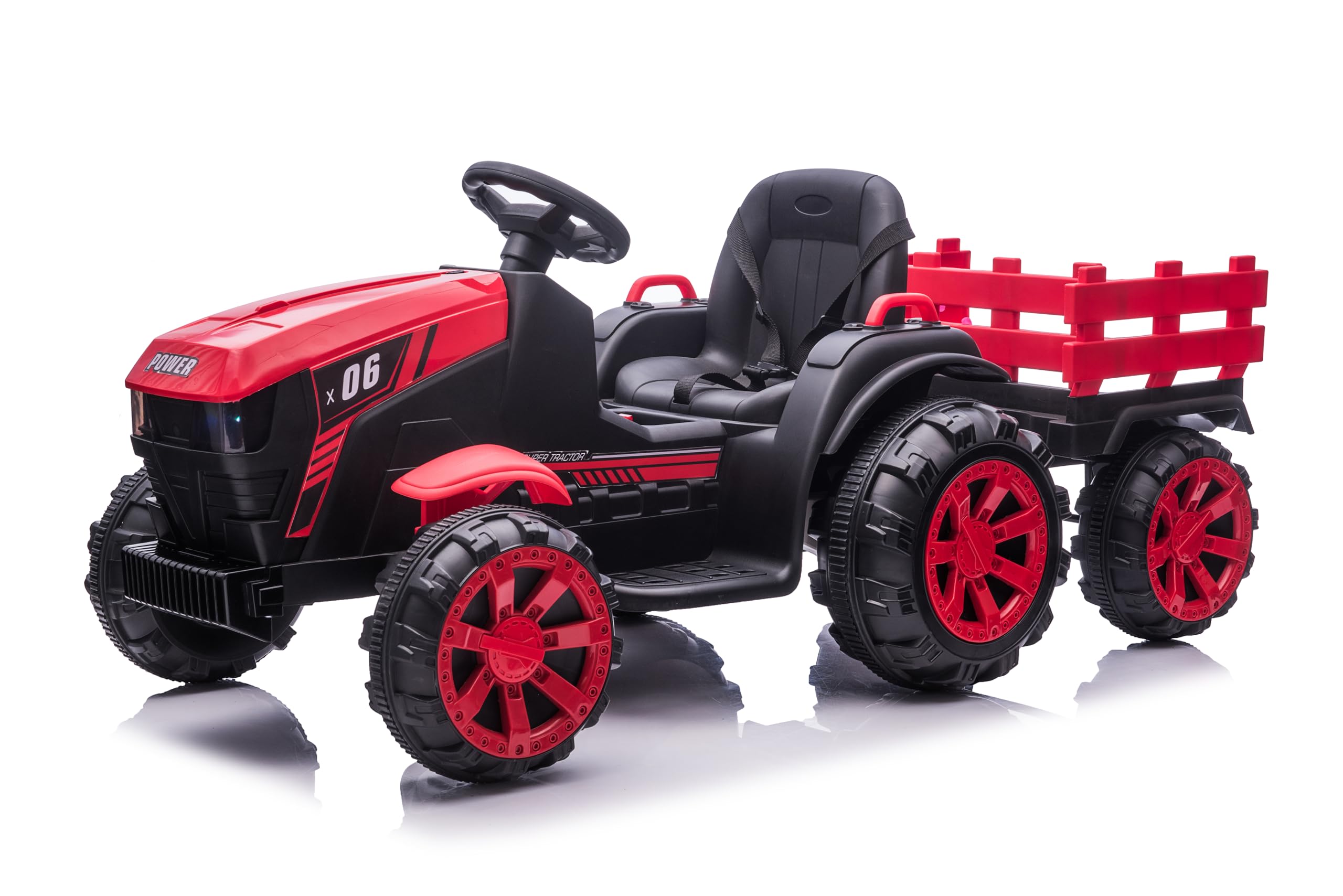 Photo 1 of ***MISSING WAGON AXEL*** Electric Kids Ride On Tractor with Trailer, 12V Battery Powered Car Vehicle Toys with Remote Control, Dual Motors, Led Lights, Music, Startup Sound Gift for Boys Girls 3-7, Red