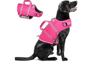 Queenmore Medium Dog Life Jacket,Dog Life Vest for Swimming,Dog Floating Vest for Boating,Pet Puppy Lightweight Adjustable Reflective Lifesaver Vest with Back Zip,Rescue Handle,Leash Hook(Fuchsia M)
