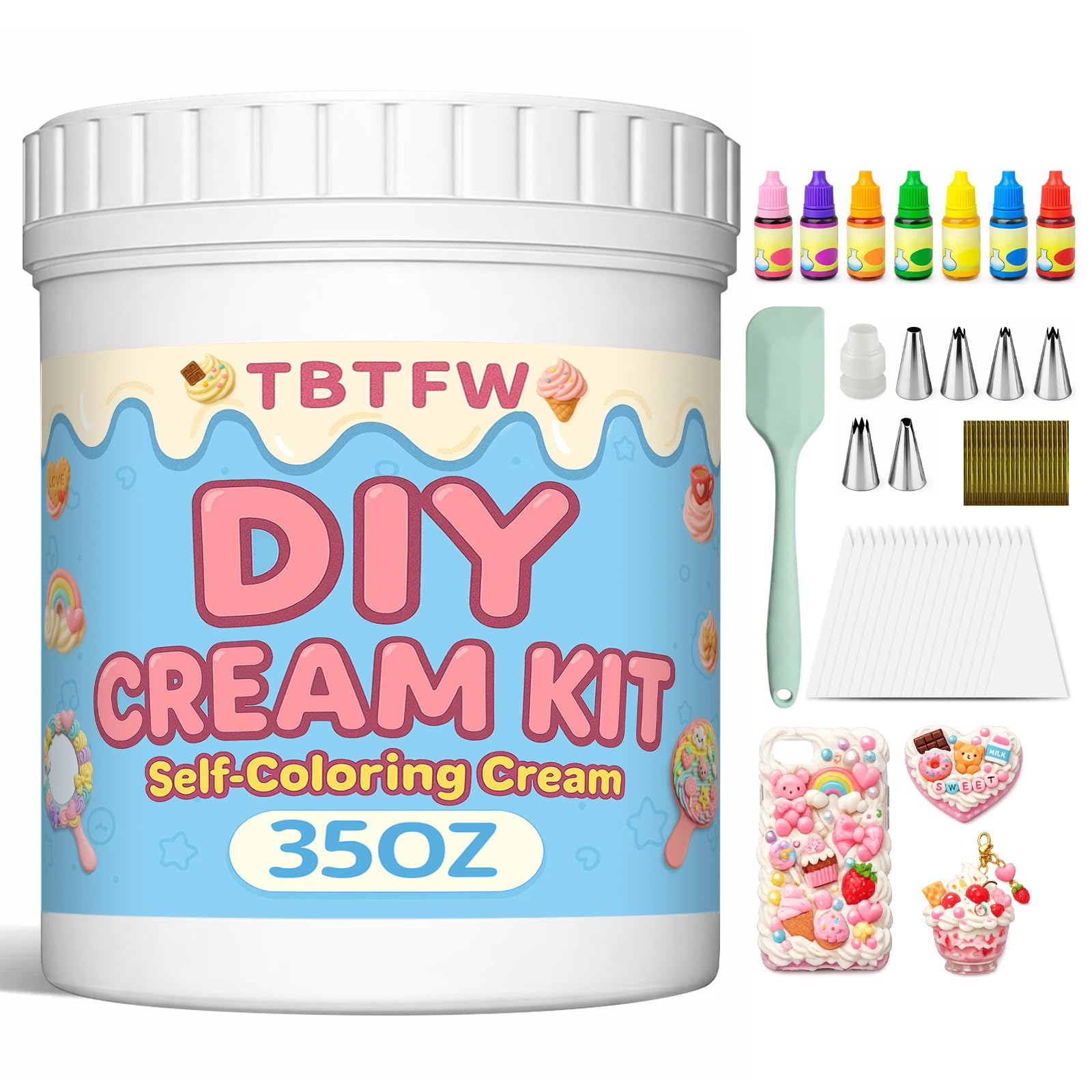 Photo 1 of 35oz White Whipped Cream Glue Kit,Whipped Clay, with 7 Color Pigments, 100 Piping Bags, 6 Nozzles, 1 Pack Tape and Silicone Spatula,Used for Various DIY Decoration Techniques