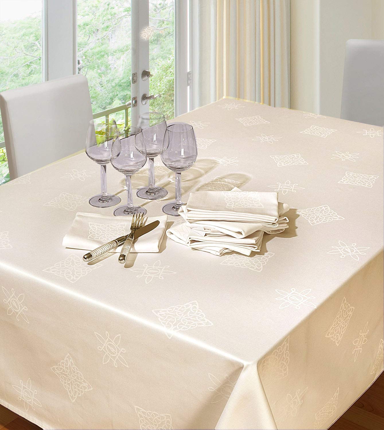 LINENWALAS Easter Cloth Napkins Set of 12 Linen Feel Pure Cotton Napkins 21 inch x 21 inch Size - Soft and Comfortable Cotton Dinner Napkins - Everyday Table Napkins (Shamrock Damask, Ivory)