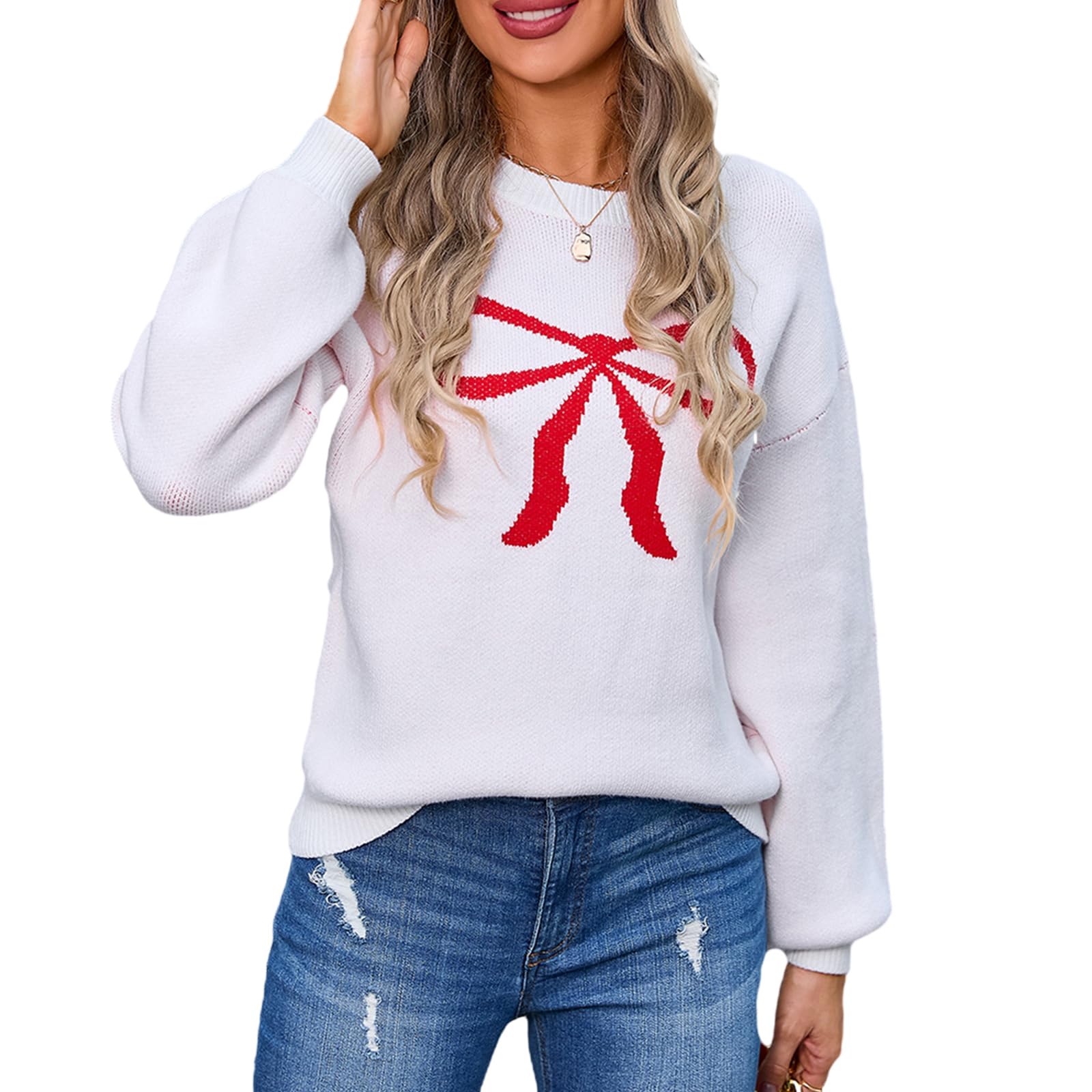 Photo 1 of ?Women Cute Bow Sweater Y2k Long Sleeve Crew Neck Knit Sweaters Aesthetic Pullover Top (White Red, L)