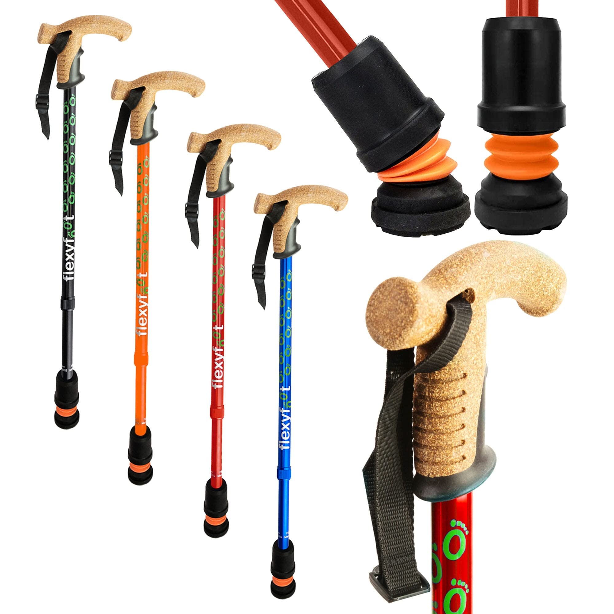 Flexyfoot Shock Absorbing Cork Handle Walking Stick - Improved Comfort, Improved Grip, Improved Safety – Colour: Red