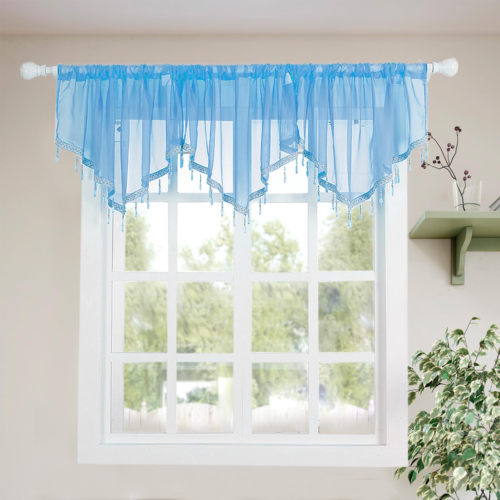 Molaxhome Lace Valance Swag Curtain 51 Inch Scalloped Sheer Curtain Panels with Crystal Beads - Rod Pocket Farmhouse Window Treatment for Kitchen Bedroom 1pc Boho Chic Drape Decor blue