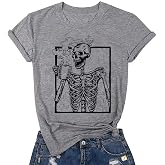 Hot Coffee Skeleton Shirt Women Halloween Skeleton Tshirt Funny Skull Graphic Tees Casual Fall Short Sleeve Tops