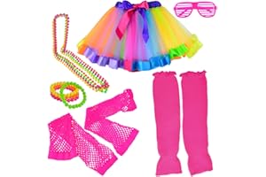 Miayon 6 in 1 80s Costume Accessories for Kids 1980s Fancy Outfits and Tutu Set for 80s Retro Theme Cosplay Party for Girl