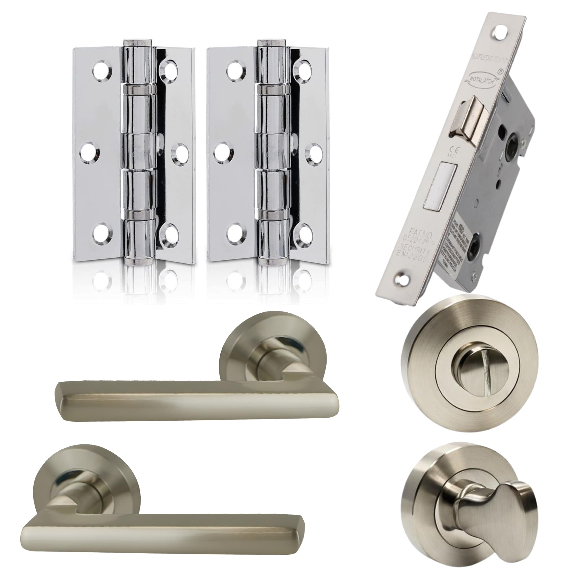 UAP Internal Door Handle Set with Lock – Complete Door Pack with Hinges, Thumb Turn & Fixings – Privacy Turn & Release (Matiz, Polished Nickel)