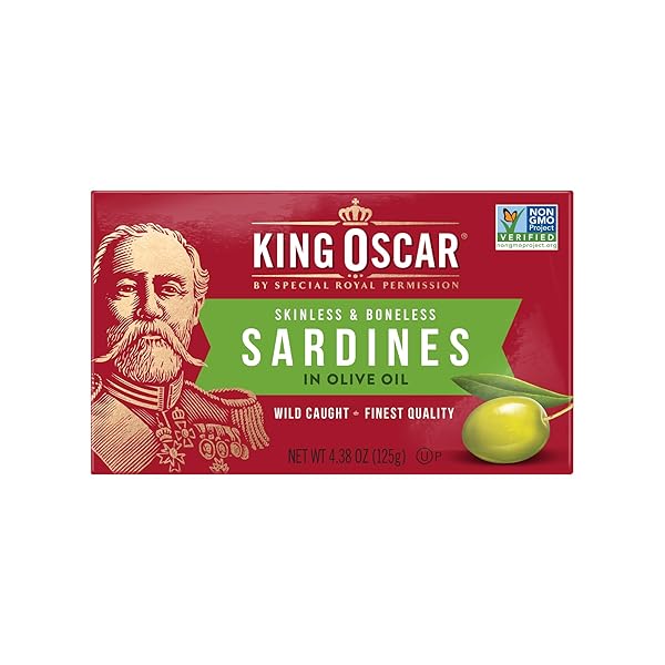 KING OSCAR SARDINES IN OLIVE OIL, 4.38 OUNCE CANS (PACK OF 1), SKINLESS & BONELESS, WILD CAUGHT CANNED SARDINES