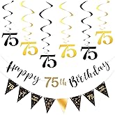 Birthday Decoration Set, Happy Birthday Banner with Triangle Flag Banner, Bunting Swirls Streamers For Women Men Birthday Party Supplies (Black Gold 75th)