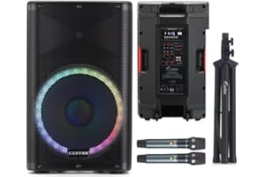 EXOTON WVP-15 15 inch Portable Wireless PA Speaker System - 1600W Active Powered Bluetooth Compatible Speaker, Rechargeable Battery, Easy Carry Wheels, USB MP3 RCA, FM Radio, 2 UHF Microphone, Remote