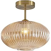 BOKT Vintage Brushed Brass Semi Flush Mount Ceiling Light Amber Ribbed Glass Pendant Light Mid Century Modern Gold Close to C