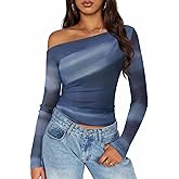 ZESICA Women's Floral Off Shoulder Long Sleeve Tops 2026 Spring Mesh Ruched Fitted Trendy Going Out Shirts Blouses