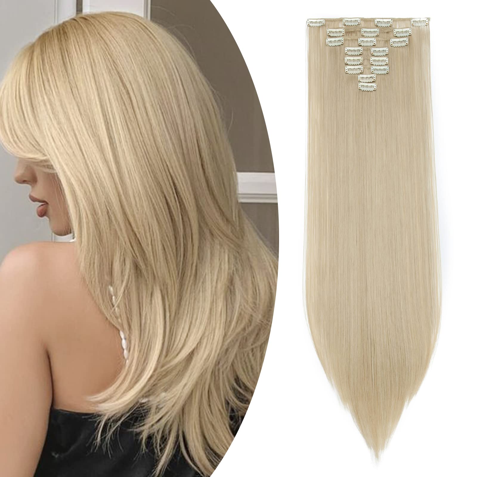 S-noilite® 17-26 Inches(43-66cm) 8pcs Long Full Head Clip In Hair Extensions Extension Sexy Lady Fashion Halloween Choice 60 Colours (26 Inches-Straight, Ash blonde mix bleach blonde)