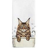 nvucamd Funny Maine Coon Gifts Hand Towels, Cats Bathroom Decor, Maine Coon Cat Dish Tea Towels, Cats Lovers Gifts Hand Towel for Restroom Kitchen Washroom Decor, 16x24 Inch