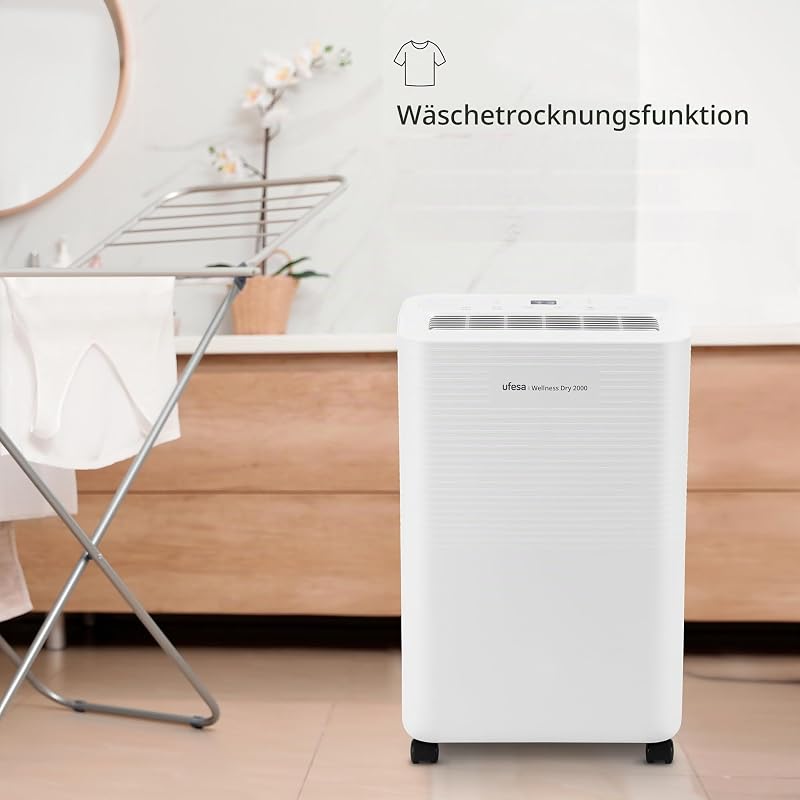 Wellness Dry 2000 Luftentfeuchter 280W, 12L/24h, Leise 47dB mit Intuitivem Bedienfeld, Wäschetrocknungsfunktion, Feuchtigkeitssensor, 2L Kapazität, 2 Geschwindigkeiten, Timer, Bis zu 40m2