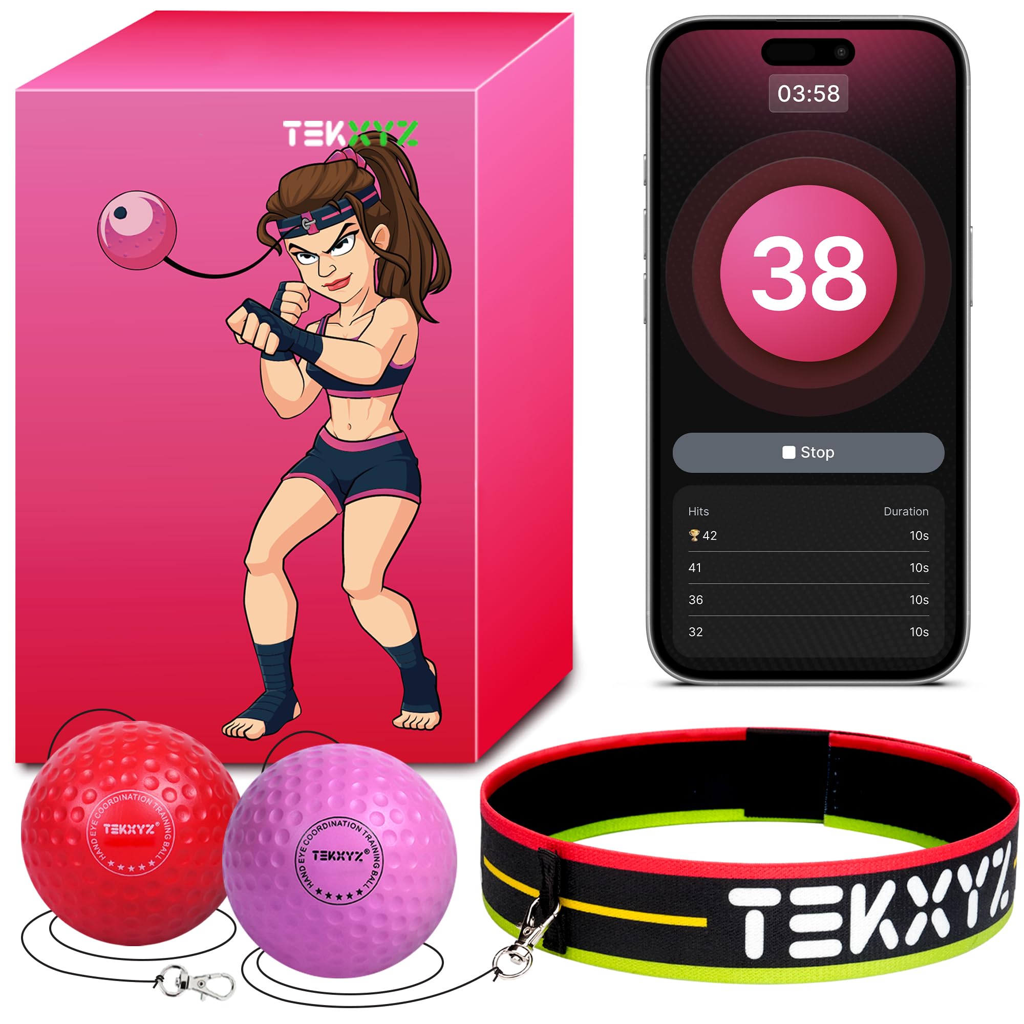 TEKXYZ Reflex Ball with Counter App & Online Community, 2 Difficulty Levels Boxing Ball with Headband, Perfect for Reaction, Agility, Punching Speed, Fight Skill & Hand Eye Coordination Training