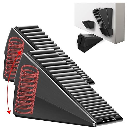 2 Pack Adjustable Spring Door Stopper Wedge with Holder, High 3 Inch Heavy Duty Door Stopper with Non-Slip Rubber Base, Tall Door Stoppers for Bottom of Doors for Heavy Doors and Gates, Black