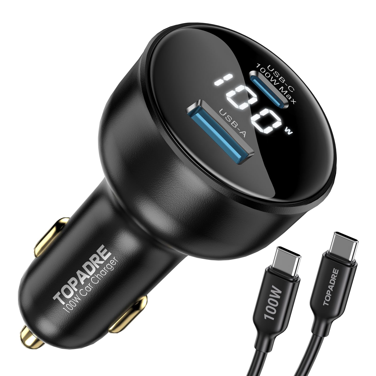 TOPADRE 100W USB C Car Charger with Display, PD3.0+QC Type C Car Charger Adapter with 100W USB C Cable, Fast Charging for Laptops, MacBook Pro, iPad, iPhone 15/14/Pro Max, Galaxy S24/S23 Ultra Etc.
