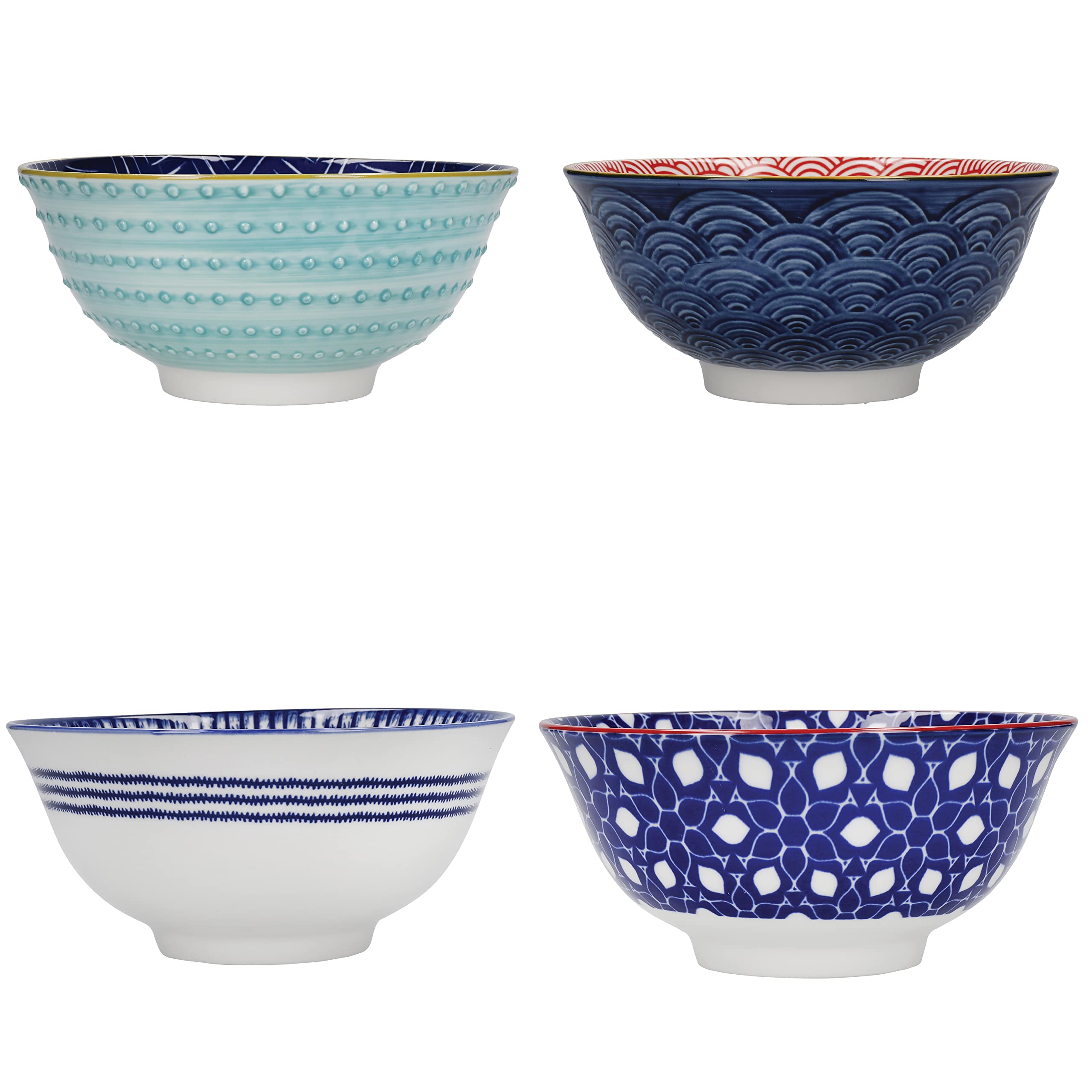 KitchenCraft Glazed Stoneware Bowl Set of 4, Red and Blue Hues, 15.5 x 7.5 cm, Gift Boxed