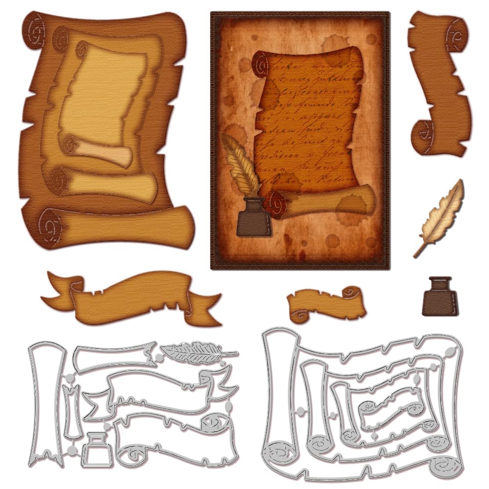 GLOBLELAND Scrolls Banners Feathers Cutting Dies for Card Making Bottles Maps Metal Die Cuts Cutting Dies Templates for Scrapbooking Journal Embossing Paper Craft Decor