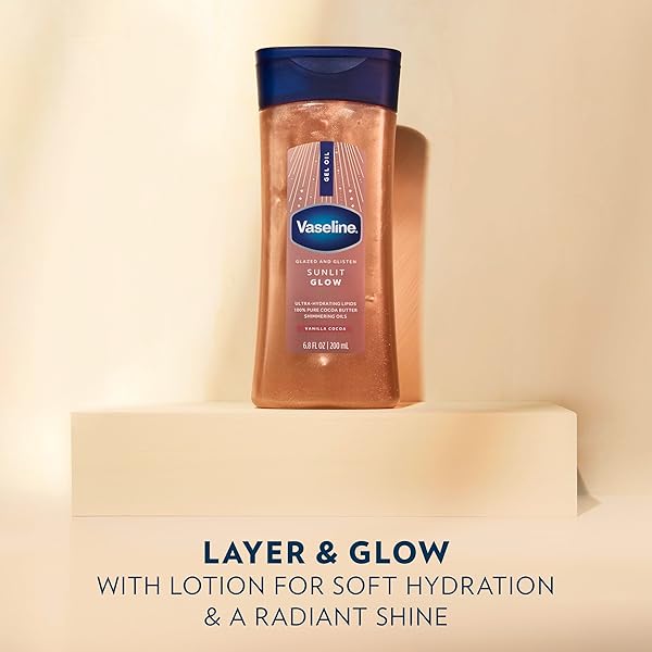 VASELINE GLAZED AND GLISTEN SUNLIT GLOW BODY GEL OIL VANILLA COCOA SHIMMERING WITH ULTRA-HYDRATING LIPIDS AND 100% PURE COCOA BUTTER, 6.8 OZ