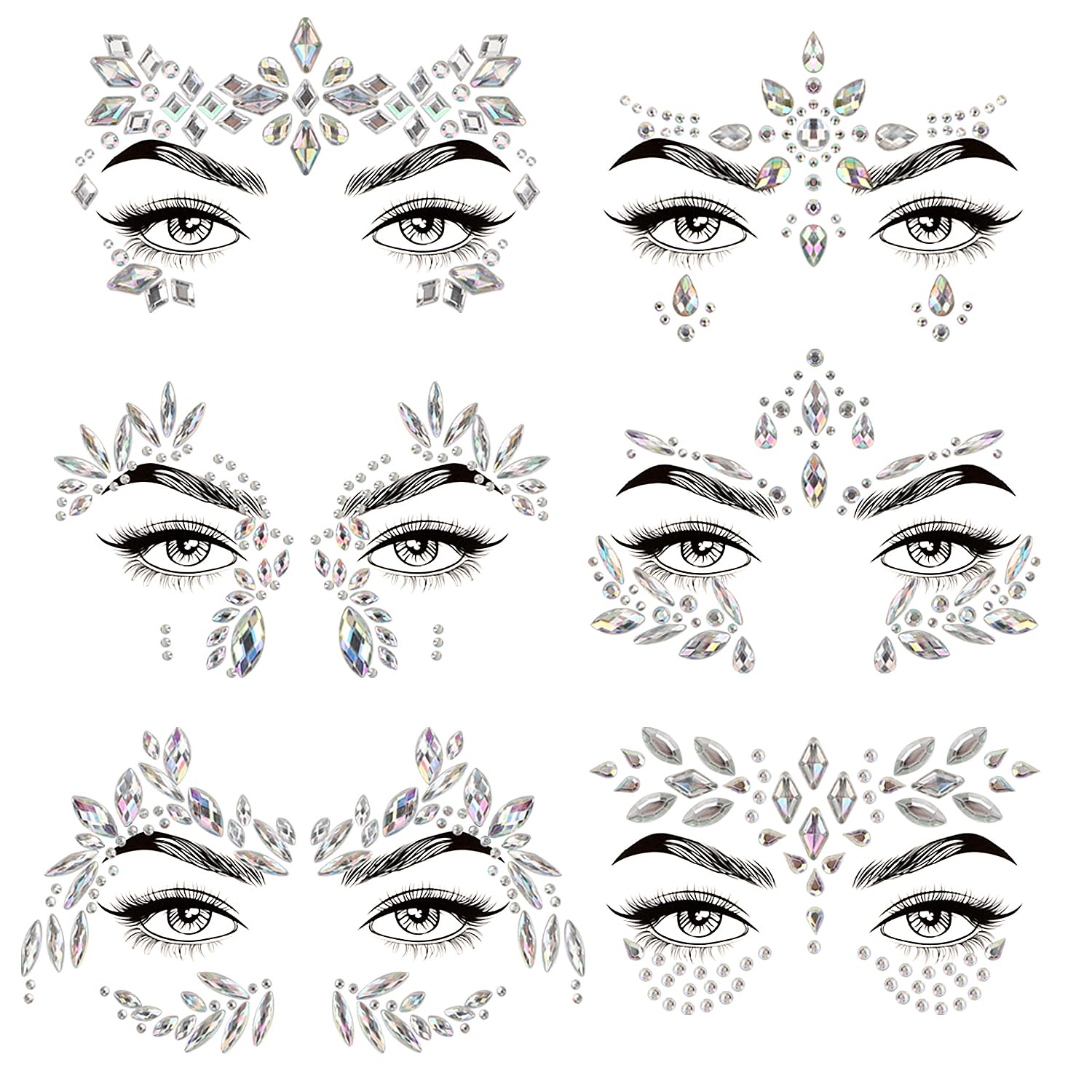 OWill 6 PCS Festival Face Gems Glitter, Festival Accessories Sticker Face Gems for Festivals Face Jewels for Halloween Christmas Party Women and Girls Face Eyes Body Make Up(White)