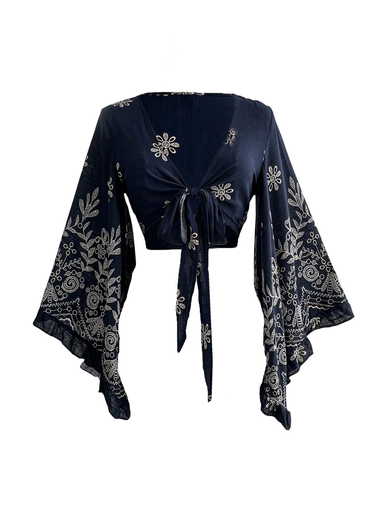 Photo 1 of BEAUDRM Women's Y2K 70s Top Western Cowgirl Hippie Shirt Bow Tie Front Disco Shirts Ruffle Long Bell Sleeve Boho Crop Tops Dark Blue and Apricot Large