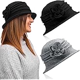 Geyoga 2 Pcs Cloche Hats for Women Fleece Flower Cancer Headwear for Women Chemo Cap 1920s Vintage Wool Bucket Hat for Ladies