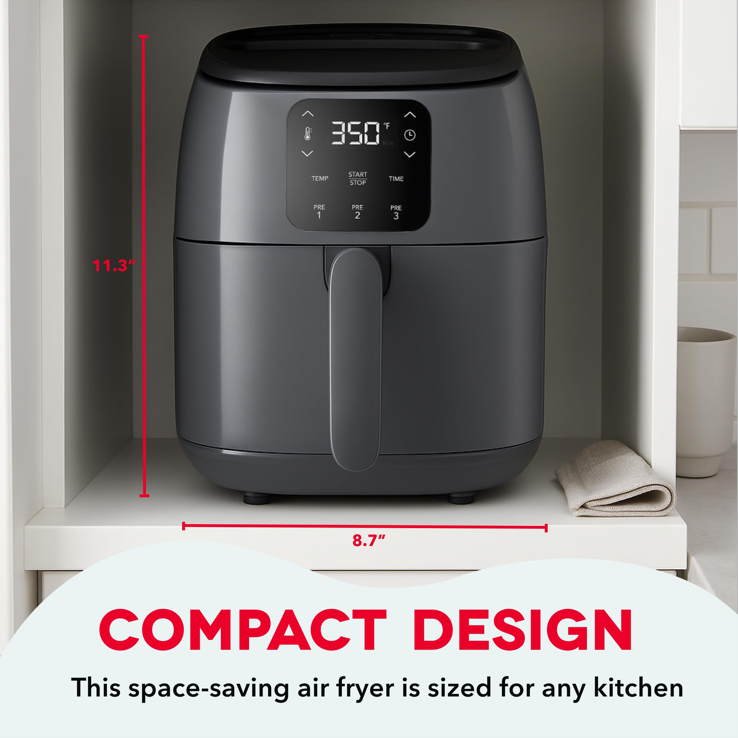 Freidora de aire eléctrica DASH Tasti-Crisp™, 2.6 cuartos, gris - Freidora de aire compacta para alimentos más saludables en minutos, ideal para espacios pequeños - Apagado automático, digital, 1000 vatios