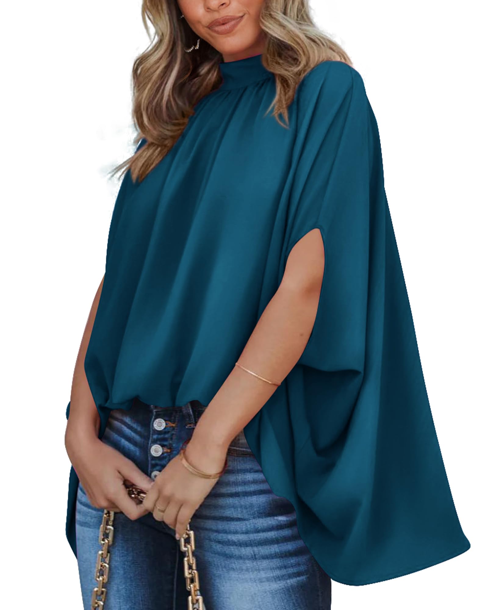 BTFBM Women Mock Neck Summer Tops 2025 Spring Batwing Short Sleeve ...