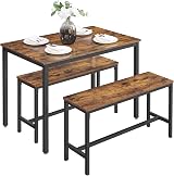 VASAGLE KDT070B01 Dining Table with 2 Benches Vintage Brown Black 3pc Set