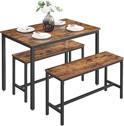 VASAGLE KDT070B01 Dining Table with 2 Benches Vintage Brown Black 3pc Set