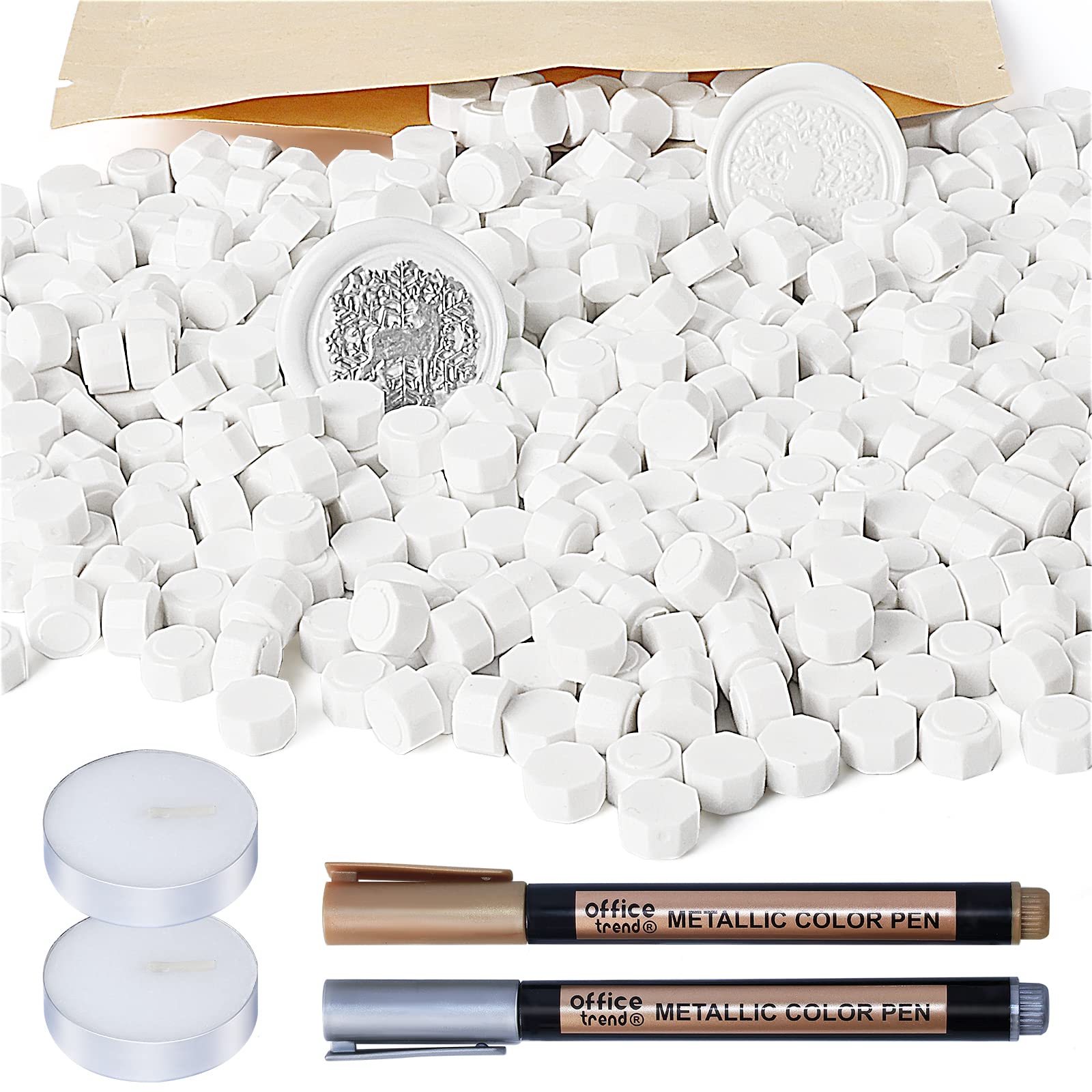 WEWINK PLUS 304PCS Wax Seal Beads Set, 300PCS White Sealing Wax Beads with 2Pcs Tea Candles and 2Pcs Metallic Pen for Invitations, Envelope, Crafts, Stamp Seals, Decoration, Letter, Gift