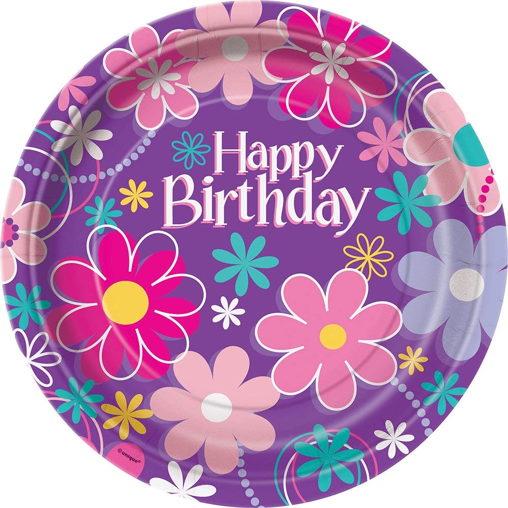 Birthday Blossoms Round Multicolor Paper Dinner Plates (22cm) Pack of 8 - Vibrant and Sturdy Disposable Tableware for Celebrations