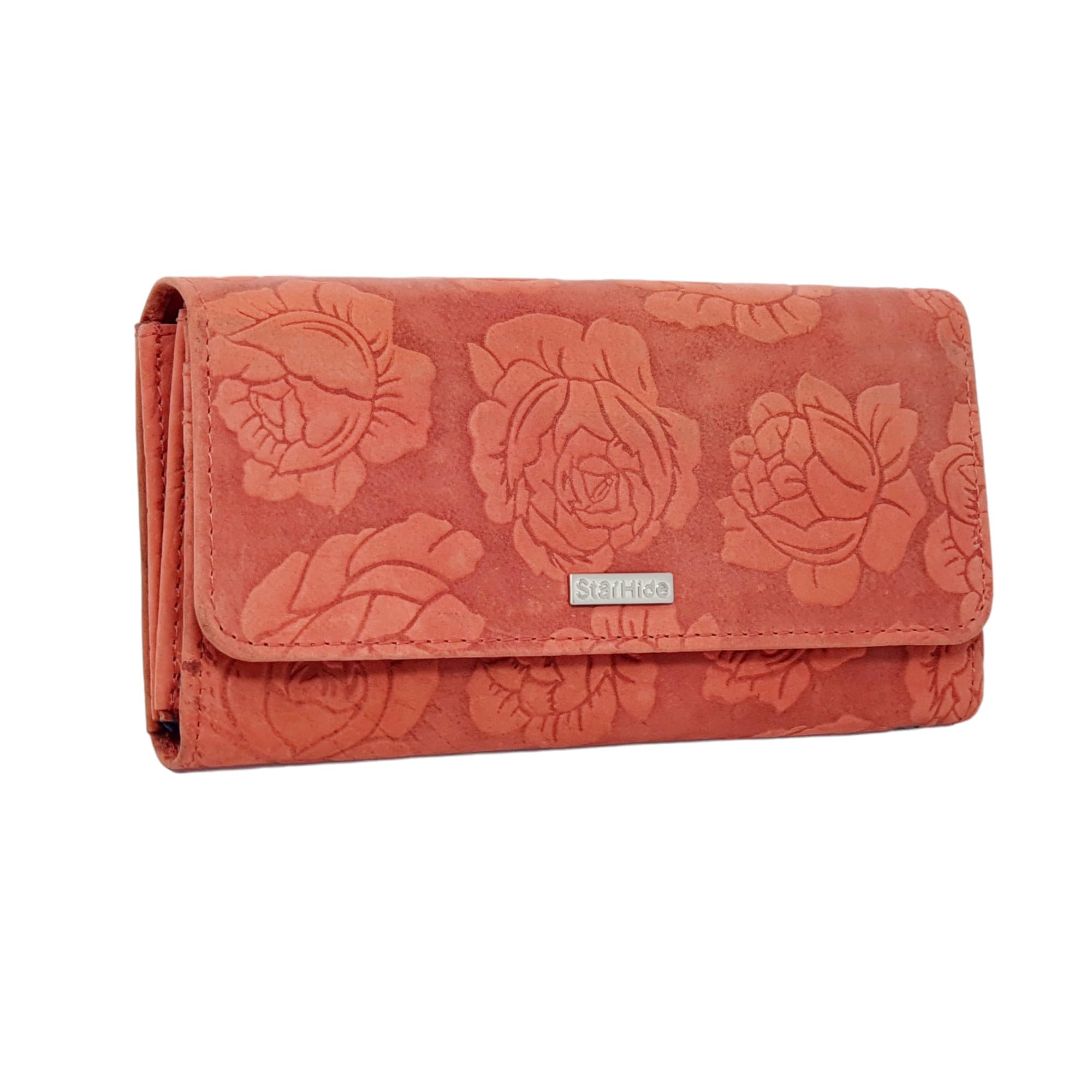 STARHIDE Womens RFID Protected Embossed Floral Purse Distressed Hunter Leather 5580 (Red)