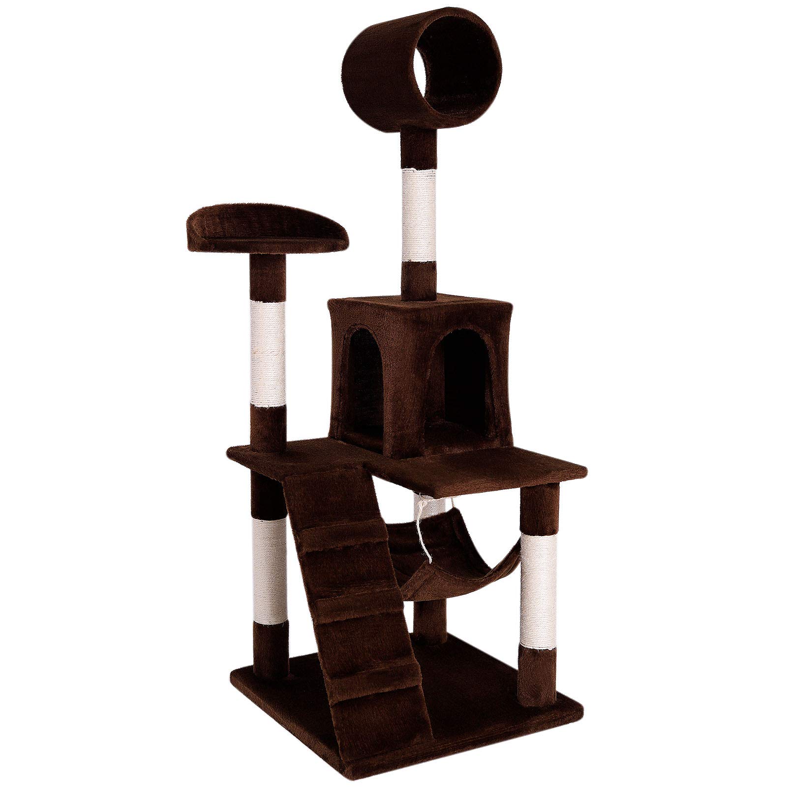 lionto Scratching tree for cats with hammock & tunnel, height 133 cm, cat tree with sisal rope & soft plush, cozy lying areas & caves, suitable for small & large cats, brown