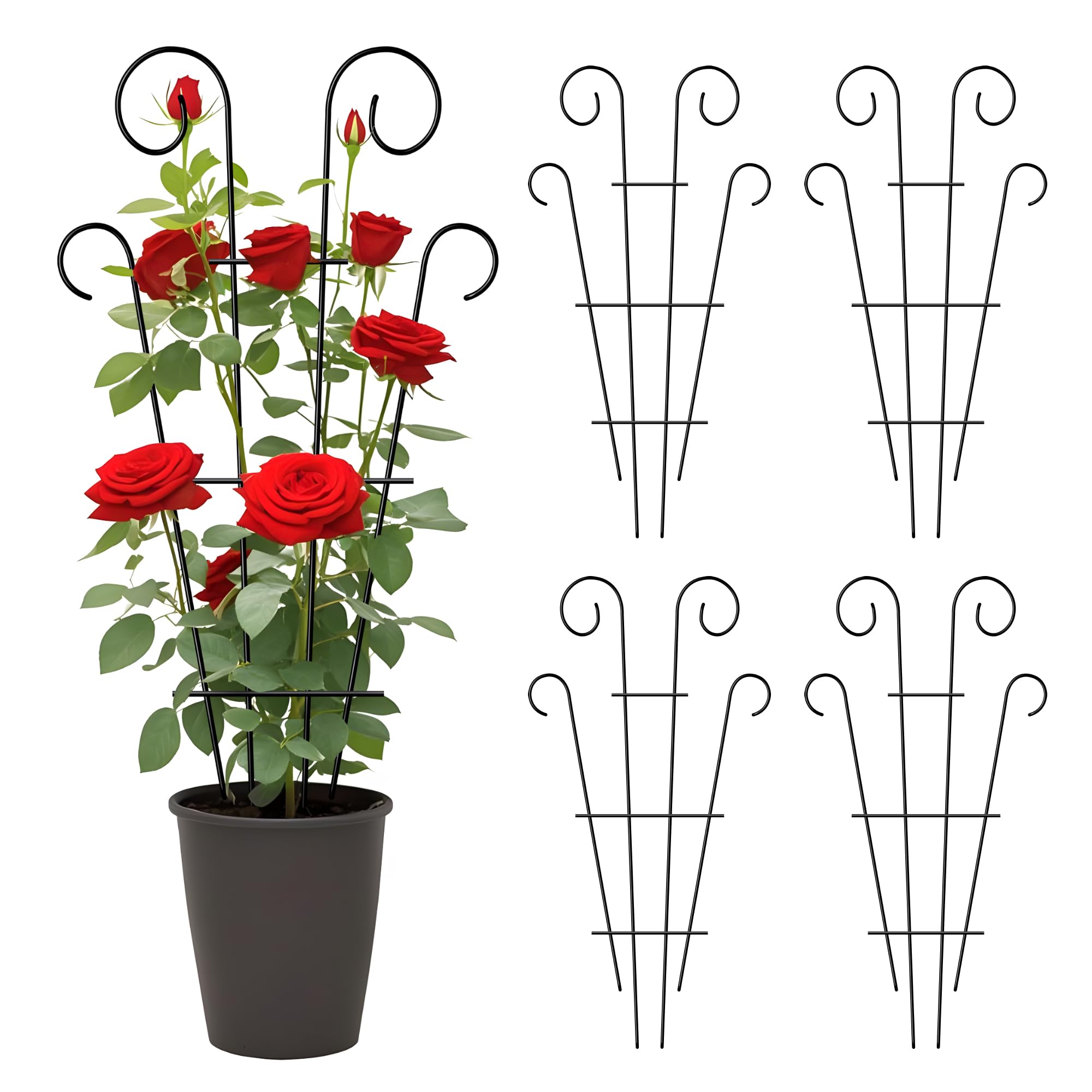 Thealyn 4 Pack Indoor/Outdoor Metal Plant Trellis, 81cm/32 in - Garden Trellis for Climbing Plants, Potted Houseplants, Flowers, Vines, Ivy - Wave Design, Black, for Patio, Yard, or Home