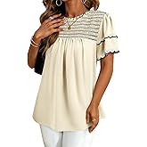 Dokotoo Womens Summer Tops Crewneck Ruffle Short Sleeve Shirts Casual Pleated Blouses Flowy Boho Clothing