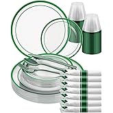 Goodluck 175 Pcs Clear Green Disposable Plastic Plates, Plastic Silverware | Green Dinnerware Set Include 50 Plates, 25 Pack Pre Rolled Napkins With Silverware, 25 Cups for Christmas, St Patricks Day
