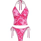 ZAFUL Women's Halter Tankini Swimsuits Cute V Neck Tummy Control Bathing Suit High Cut Tie Side Thong Tankini Set Swimwear