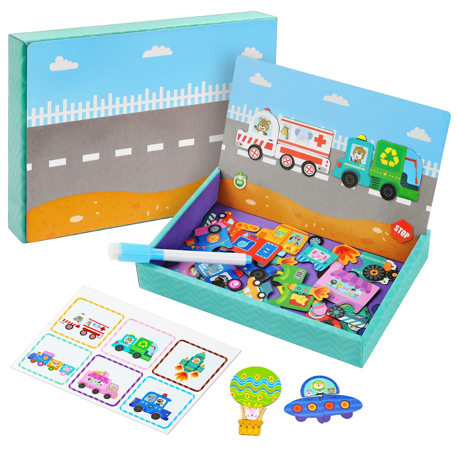 Aolso Transportation Magnetic Puzzle Play Set, Magnetic Educational Game, Magnet Game, Fine Motor Skills and Imagination Learning, Suitable for Ages 3 and Up