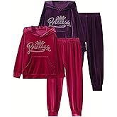Fdqin Girls Sweatsuit 4 Piece Outfits Hoodies Sweatshirts and Jogger Pants Velour Tracksuits Fall Winter Clothes