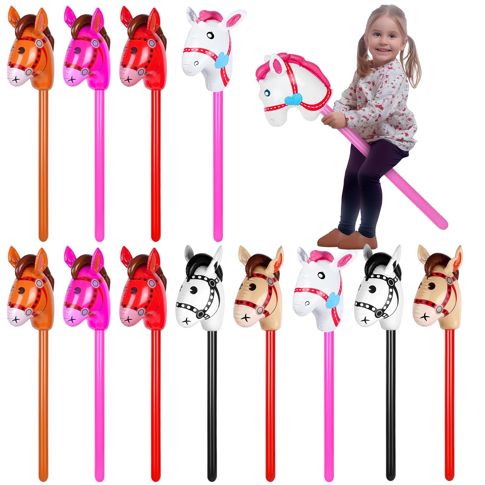 Photo 1 of 12 Pcs 40 Inch Inflatable Stick Horse Colorful Horse Head Stick Balloon Horse Birthday Party Supplies Pony Stick for Halloween Birthday Cowboy Horse Theme Party Supply, 6 Colors