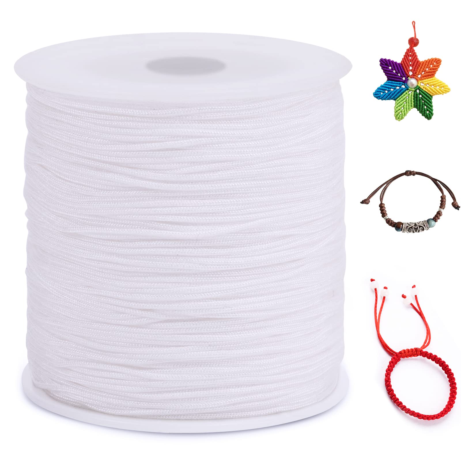 LEREATI Nylon Cord 0.8mm x 100m, Satin Cord Nylon String Macrame Cord, Coloured Beading Thread String for Making Bracelet, Necklace, Chinese Knot, Jewellery (White)